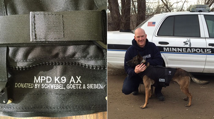 Minneapolis Police Department K9 Unit Vest Donation to K9 Ax by Schwebel, Goetz & Sieben